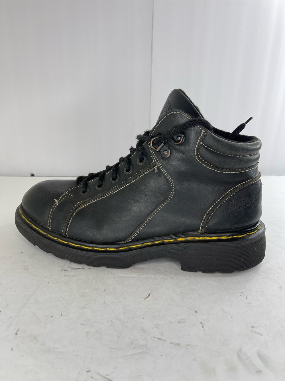 Dr. Martens Black Leather Ankle Work Boot with Yellow Welt Stitching
